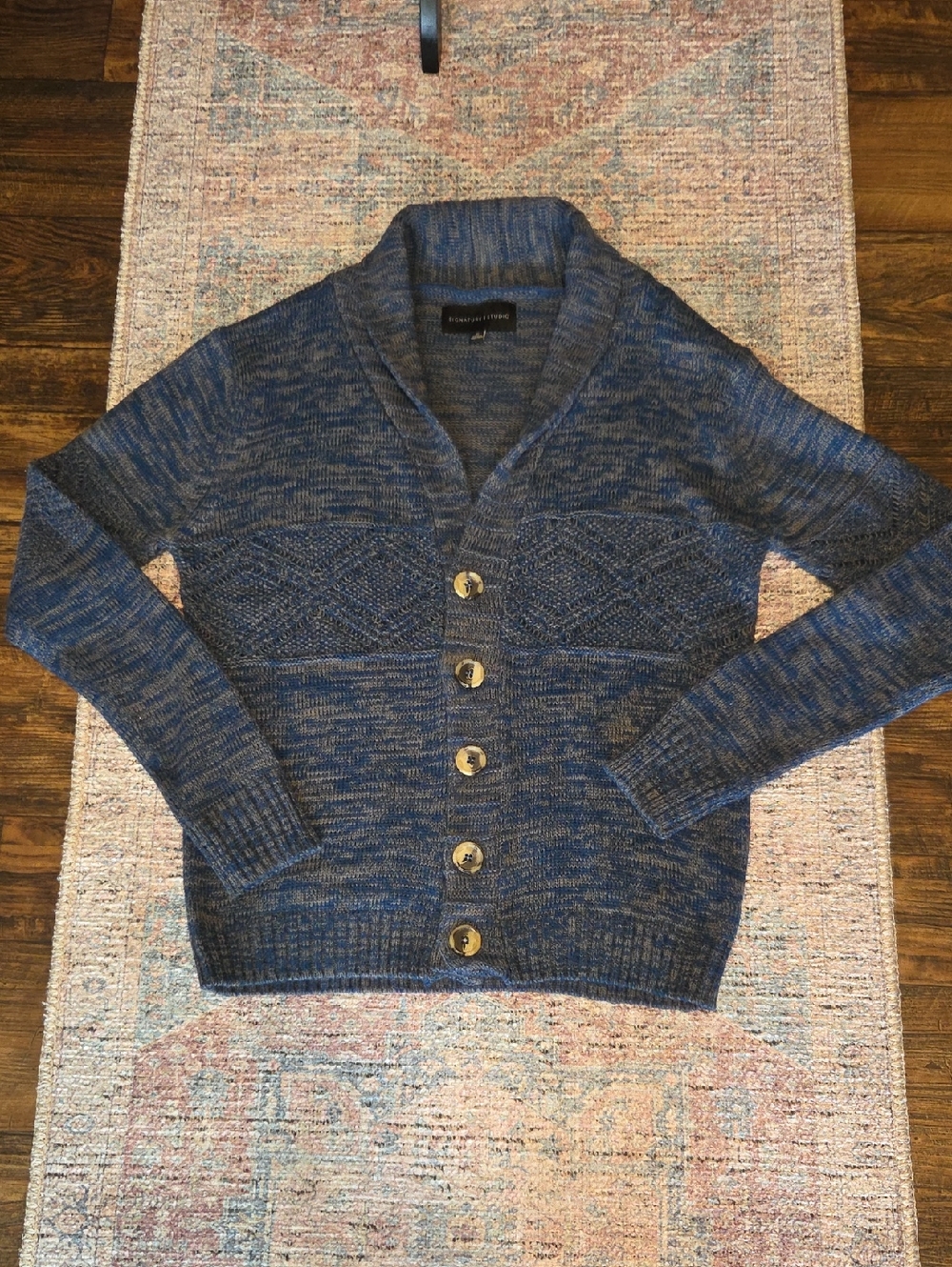 Signature Studio Blue Heathered Shawl Collar Button Cardigan
